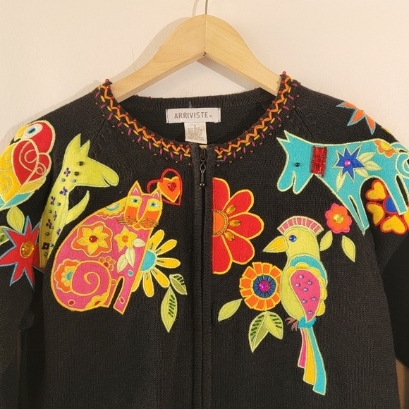 VTG 90's ARRIVISTE 3-D Knit Mix Media Full-Zip Sweater S Floral Birds Horse Cat - Picture 3 of 12